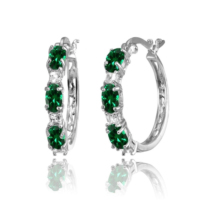 B. BRILLIANT Emerald Earrings for Women Sterling Silver Oval Simulated Gemstone & Princess-cut White Topaz Filigree Fashion Trendy Hoop Earrings for Women - Image 1